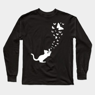 Cute Cat Catching Flying Butterflies Long Sleeve T-Shirt